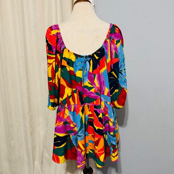 Terra Sky Women's Tropical Leaf Print Tiered Ruffle Off the Shoulder Tunic 2X - Picture 5 of 12